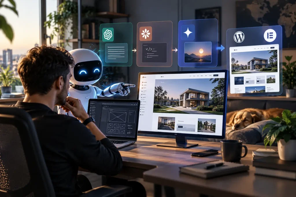 AI-val támogatott weboldal készítési folyamat, ahol a tervezésből kattintható demó, majd WordPress alapú weboldal készül