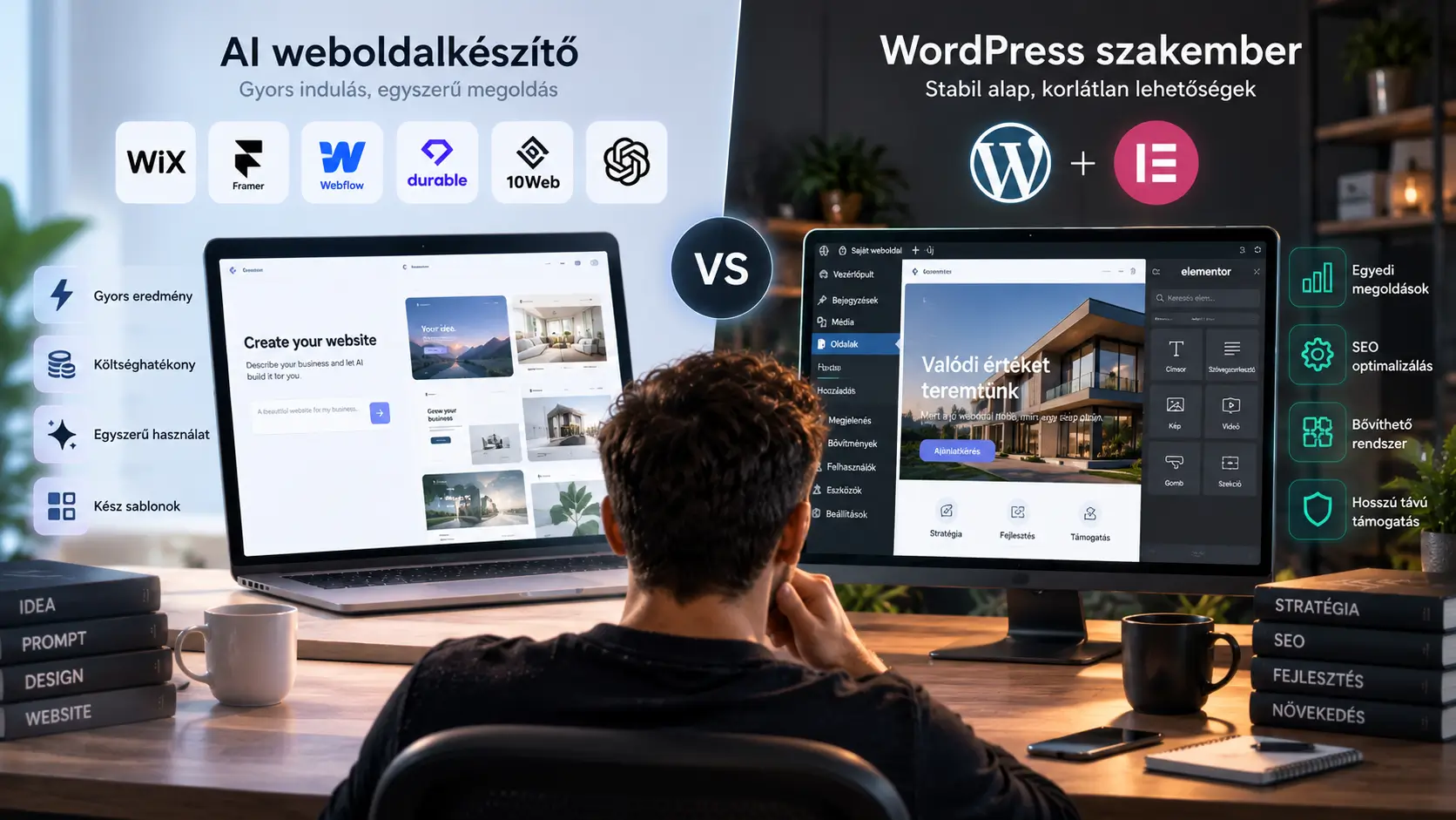 AI weboldalkészítő és WordPress szakember összehasonlítása, ahol az egyik oldal a gyors indulást, a másik a stabil és bővíthető weboldalt mutatja be
