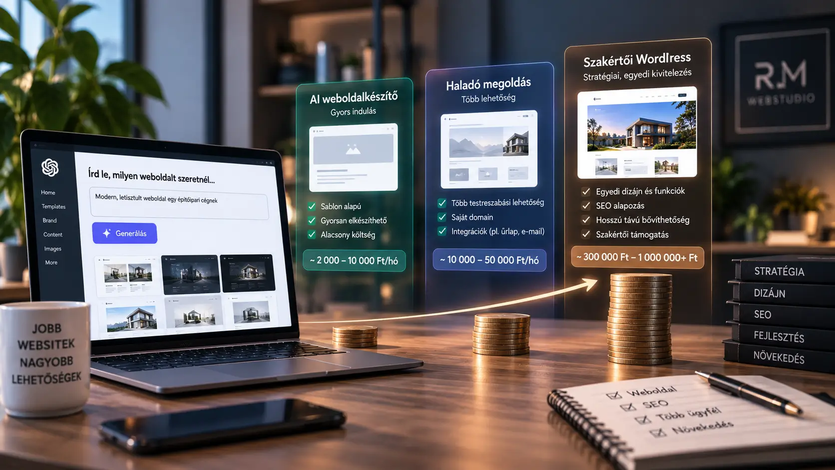 AI weboldal készítés árainak összehasonlítása az olcsó AI weboldalkészítőktől a szakértői WordPress kivitelezésig
