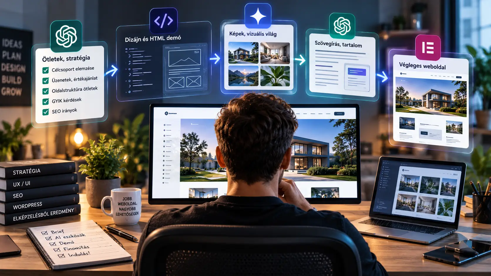 AI-val támogatott weboldal készítési folyamat, ahol ötletekből, szövegekből, képekből és demóból készül végleges weboldal